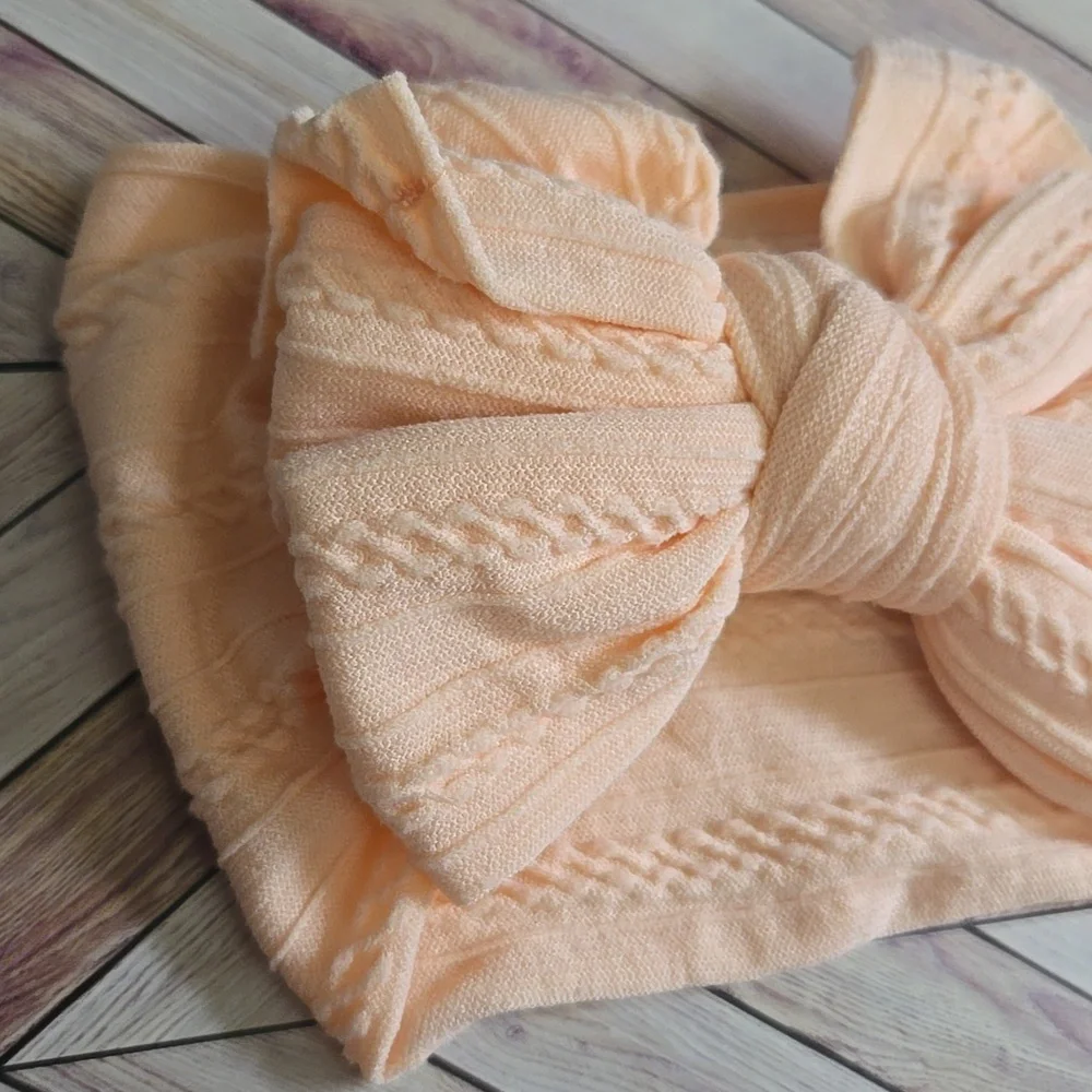 Baby Toddler Peach Cable Knit Bow Headband Stretchy Wide Kids Top Knot Hair Band
